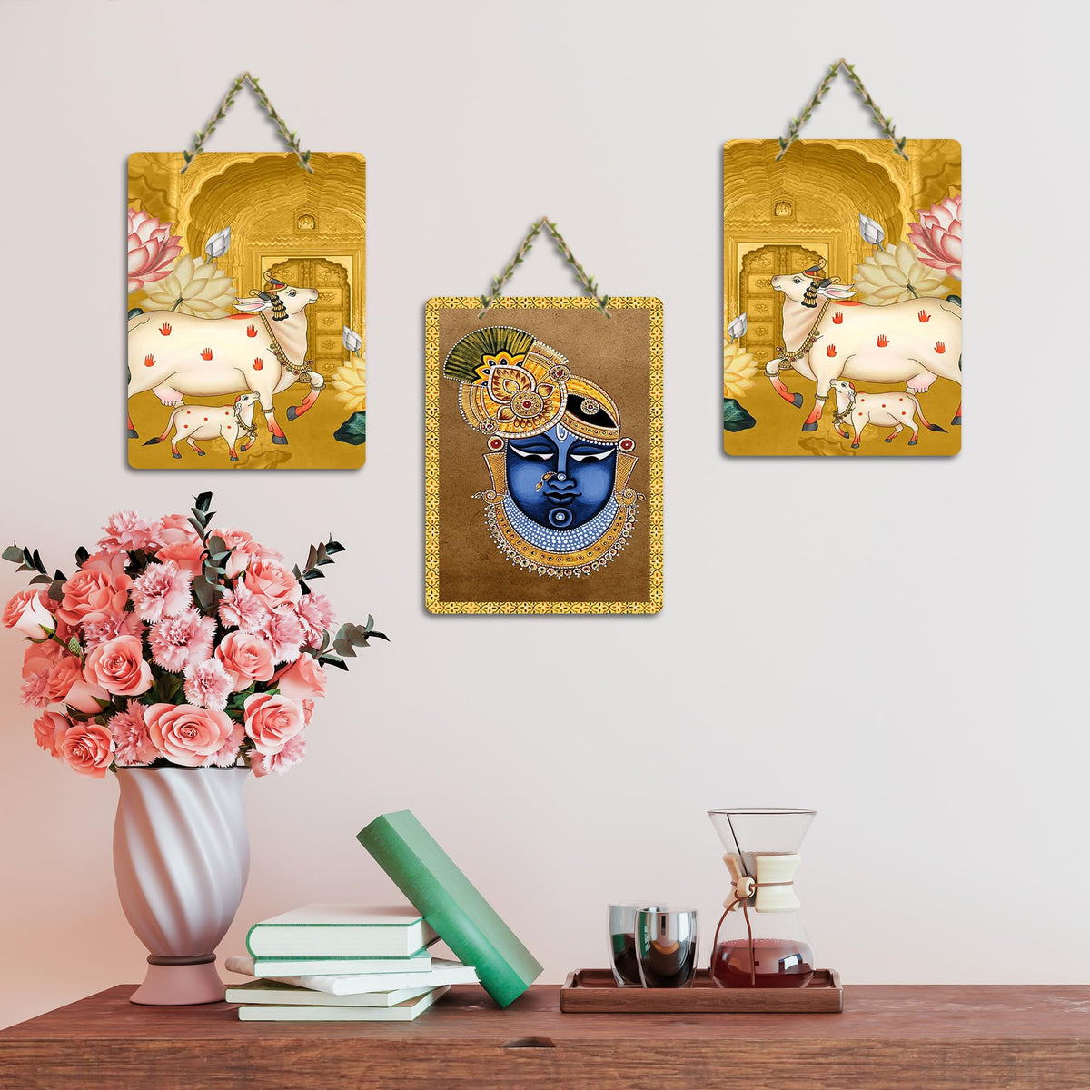 Artvibes Shrinath Ji & Cow Pichwai Art Decorative MDF Wooden Wall Art for Home Temple | Spiritual Decoration Items | Wall Art Print | Paintings For Wall | Unique Gift Items (WH_96180N), Set of 3