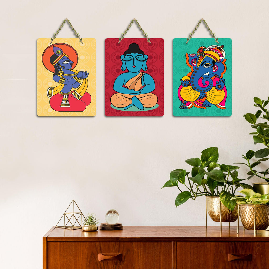 Artvibes Buddha, Krishna & Ganesh Modern Art Wooden Art Decoration Item for Living Room | Religious Decor | Graphic Artwork | Aesthetic Wooden Decor | Ethnic Decor | Ideal Gifts (WH_96158N), Set of 3