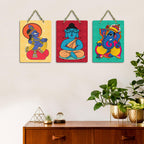 Artvibes Buddha, Krishna & Ganesh Modern Art Wooden Art Decoration Item for Living Room | Religious Decor | Graphic Artwork | Aesthetic Wooden Decor | Ethnic Decor | Ideal Gifts (WH_96158N), Set of 3