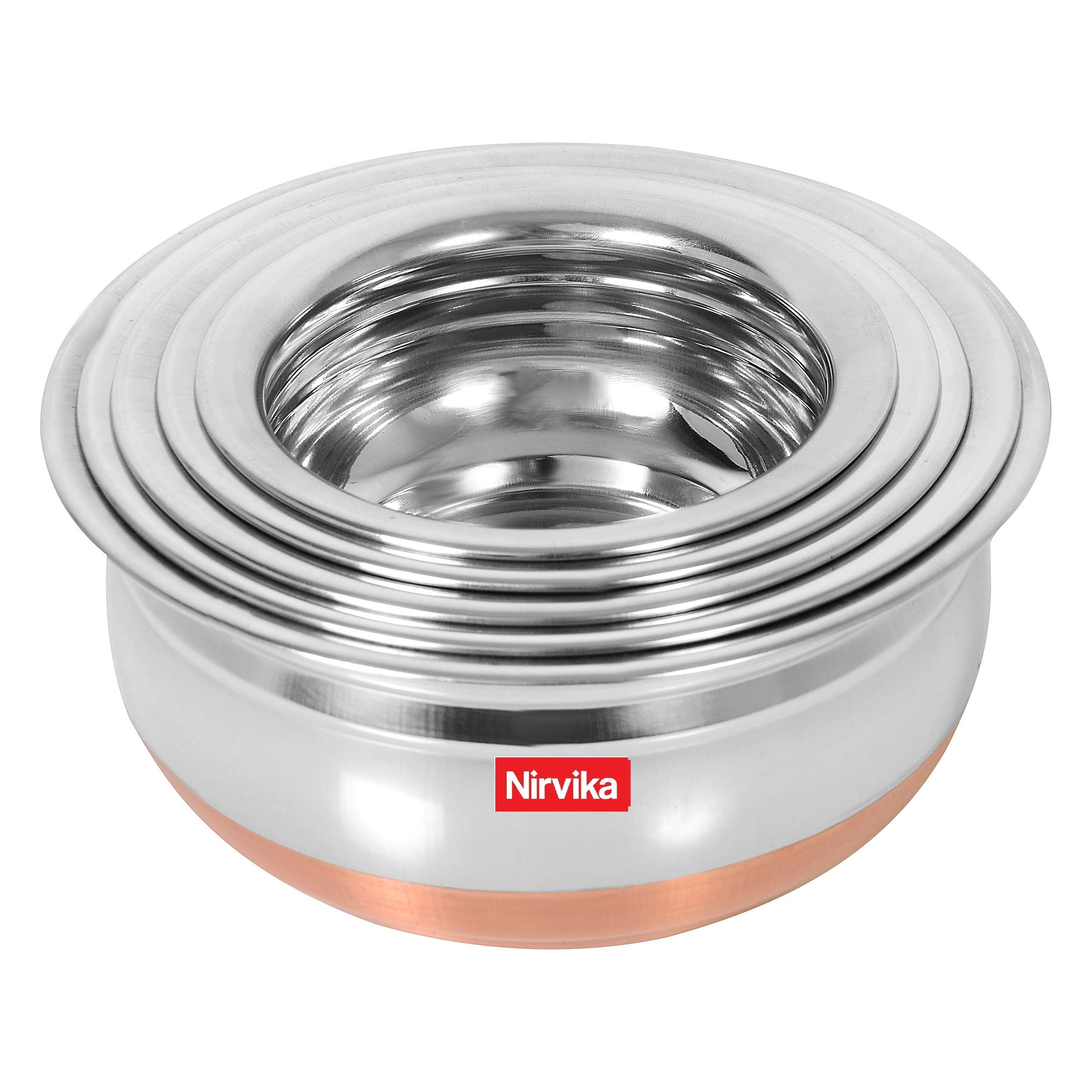 Nirvika Stainless Steel Handi Set Copper Bottom Handi With Lid Kitchen Serving,Cooking Bowl |Cookware Set/Urli Set 5-Pieces | Patila Bhagona, 1500 Milliliter - 1500 Ml, Multicolor