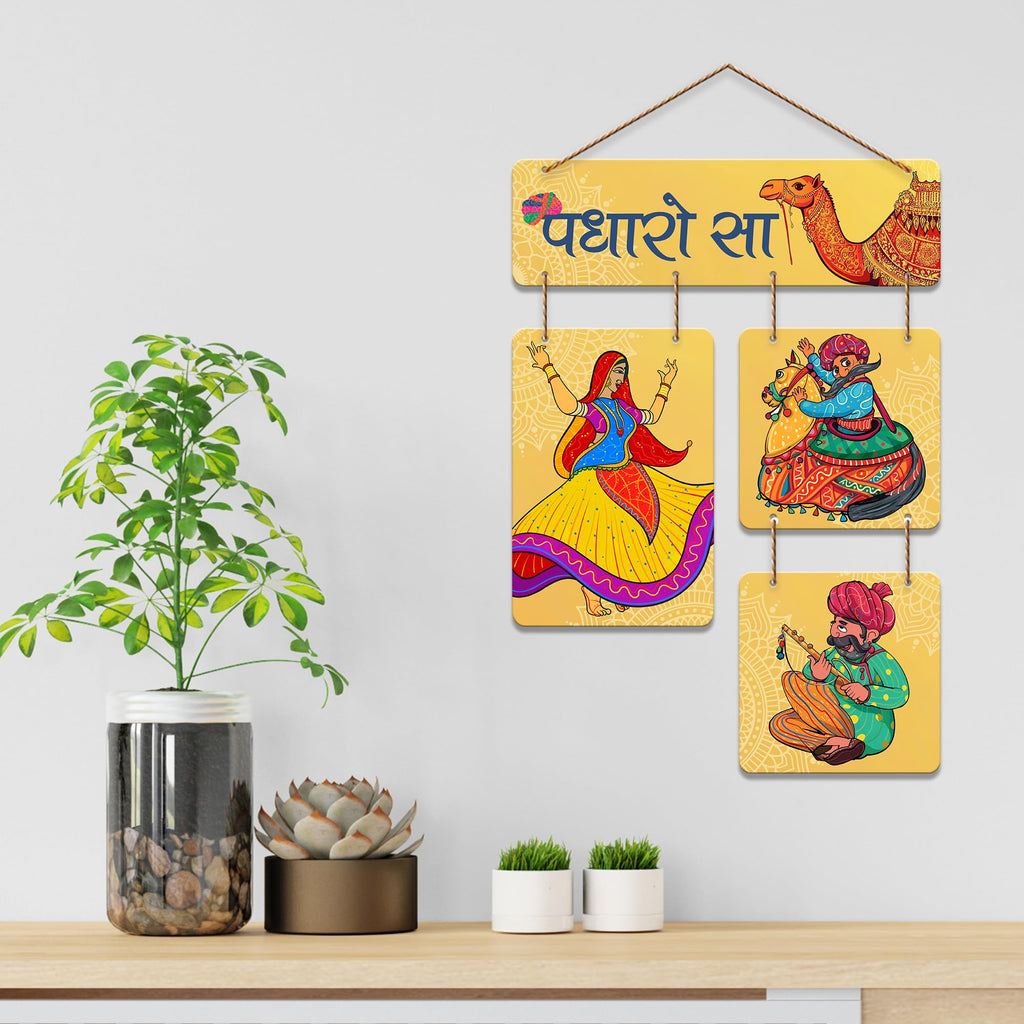 Artvibes Padharo Sa Rajasthani Decorative Wall Art MDF Wooden Wall Hanger for Home | Wall Sculpture | Signs & Plaques | Handcrafted Art | Aesthetic Wooden Decor | Art For Wall | Ideal Gifts (WH_6528N)