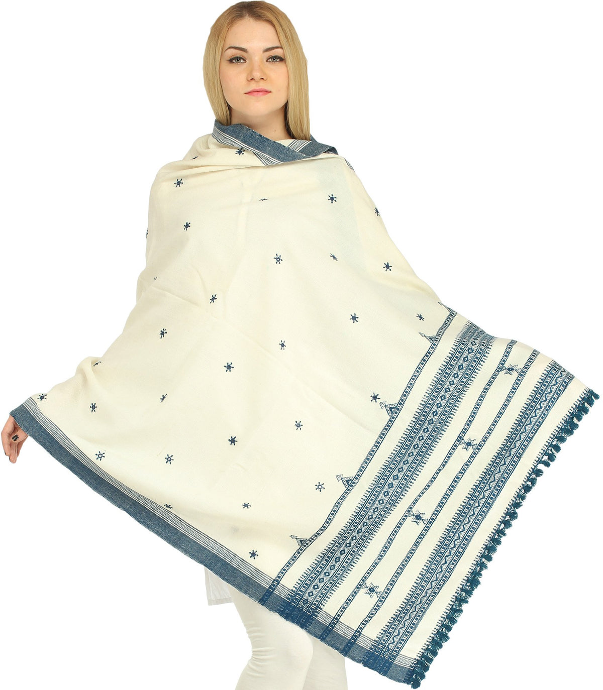 Exotic India Women's Shawl (SHY72-winter-white_Winter White_FS)