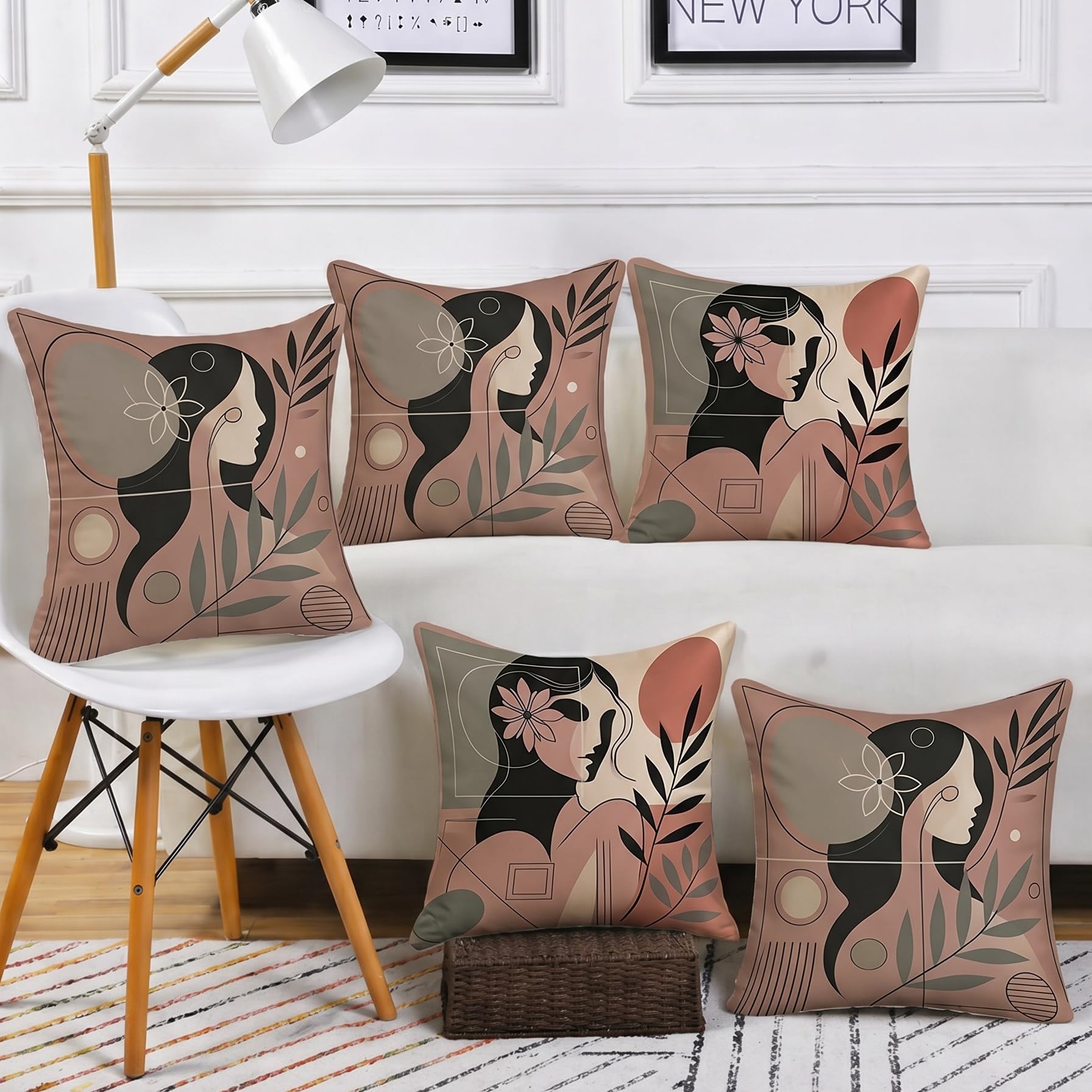 STITCHNEST Satin Cushion Covers Abstract Woman Art Print, 16x16 Inch, Modern Aesthetic Cushion Cover for Living Room (Pack of 5)