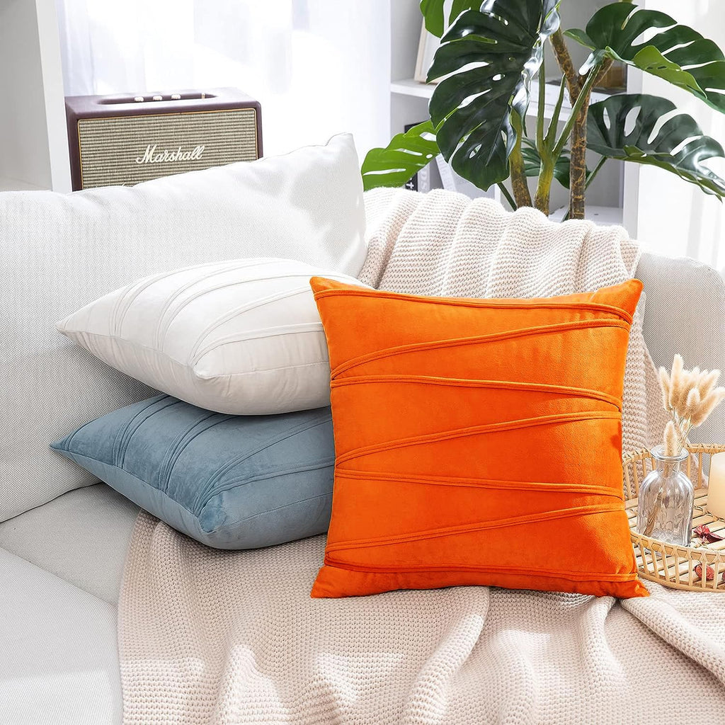Khooti Velvet Striped Cushion Cover Pack of 1-30 x 30 / 76 x 76 cm | Orange | Soft Pillow Covers Cushion Case for Sofa Bedroom Livingroom Chair Car, Cushion Cover with Zig Zag Pattern