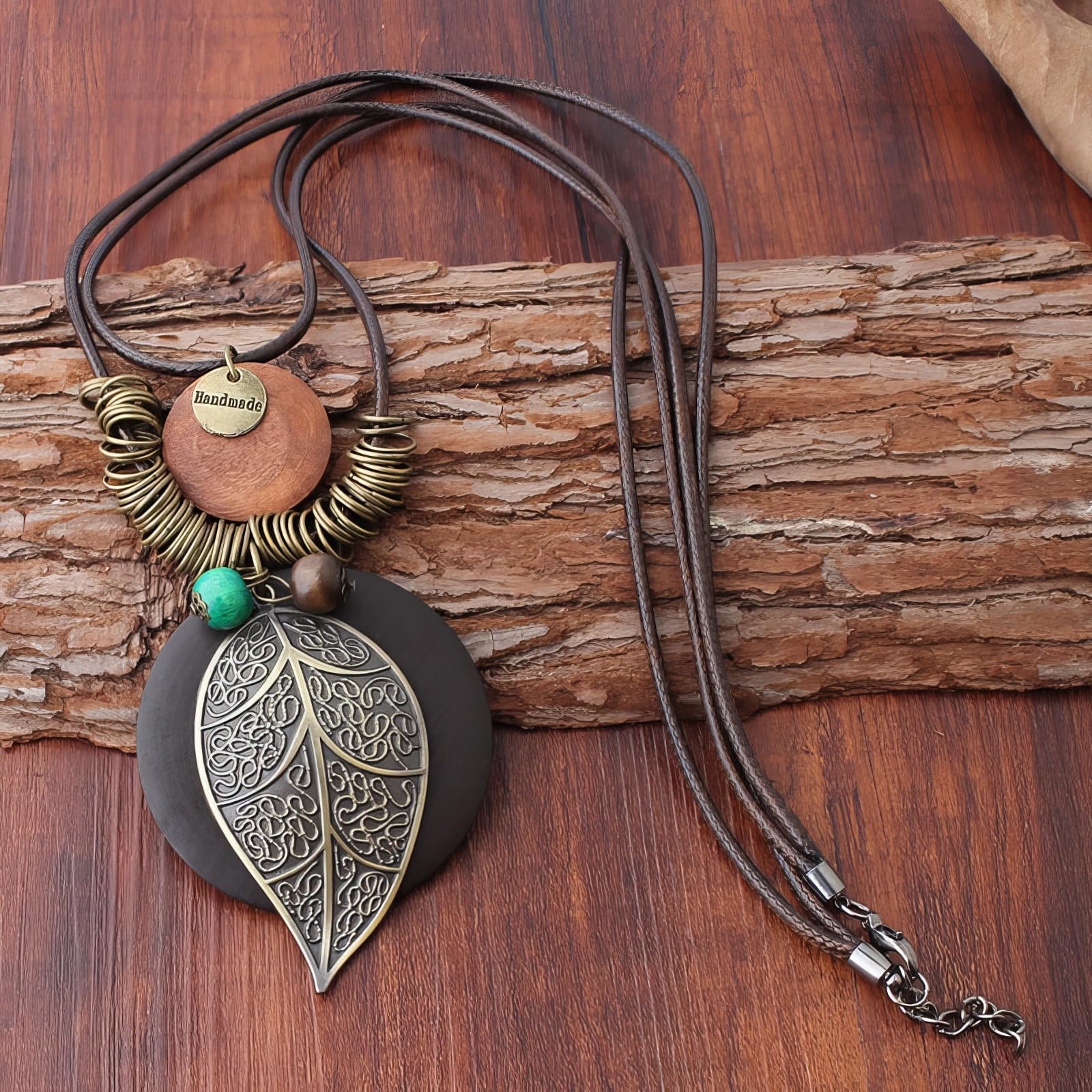 color cosplayer Leather Cord Necklace Vintage Style Wooden Leaf Boho Statement Long Necklace for Women Handmade Jewelry, 40-80 cm, Zinc, No Gemstone