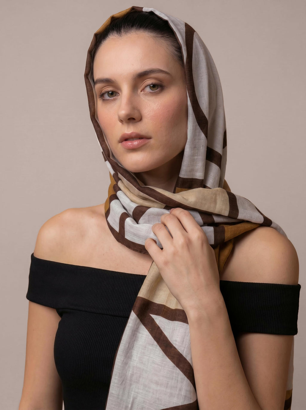 Kyoto Grid Scarf for Women | Lightweight Geometric Printed Stole & Shawl for Women | Soft Long Fashion Wrap Scarf for Casual, Office, Travel & Winter Styling | Brown Beige White Minimalist Design