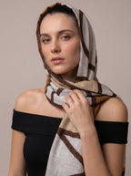 Kyoto Grid Scarf for Women | Lightweight Geometric Printed Stole & Shawl for Women | Soft Long Fashion Wrap Scarf for Casual, Office, Travel & Winter Styling | Brown Beige White Minimalist Design