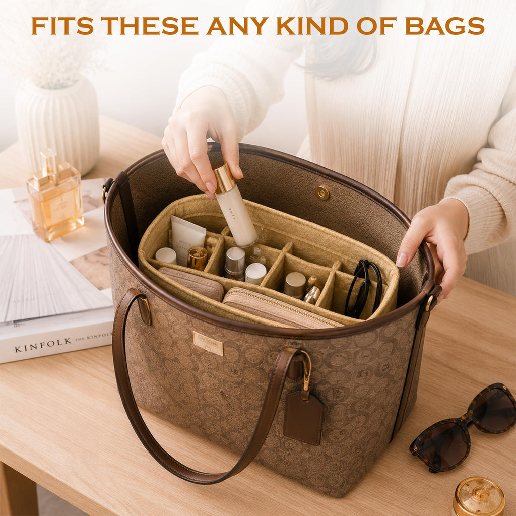 SYUTAM Women Felt Purse Organizer Insert for Ladies Handbag, Tote, Hobo Bag Storage & Purse Divider, Multiple Storage Compartment - Beige(8.85x4.5x5.5) inch (Small)