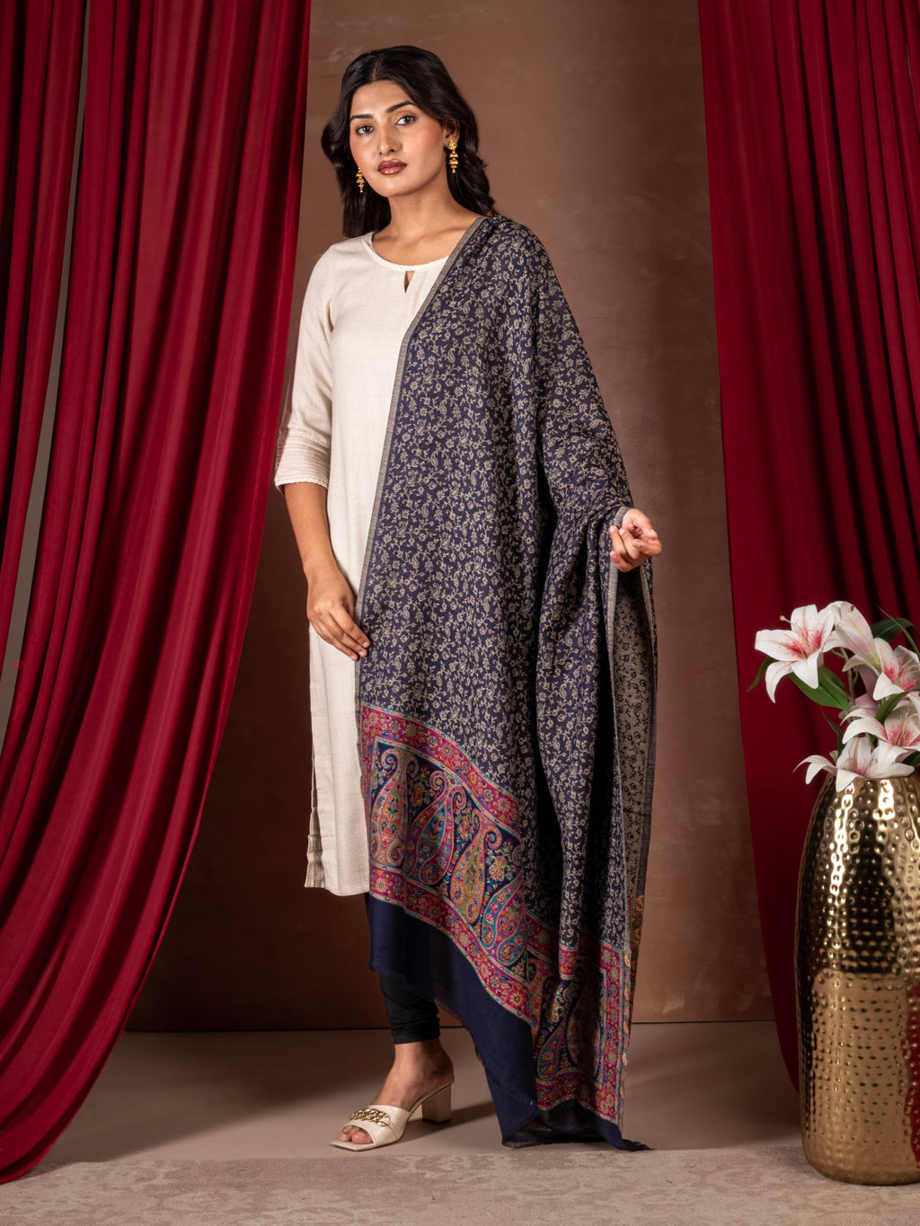 Naureen Women Pashmina Blend Kani Shawl with Paisley and Floral Border, Warm and Soft, 40x80 inch