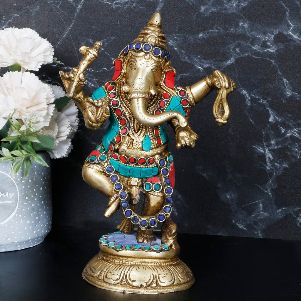 ARTVARKO Brass Lord Ganesha Idol Dancing Ganesh Bhagwan Ganpati Murti Statue for Home Office Decor Entrance Good Luck Wedding Gift 9 Inches