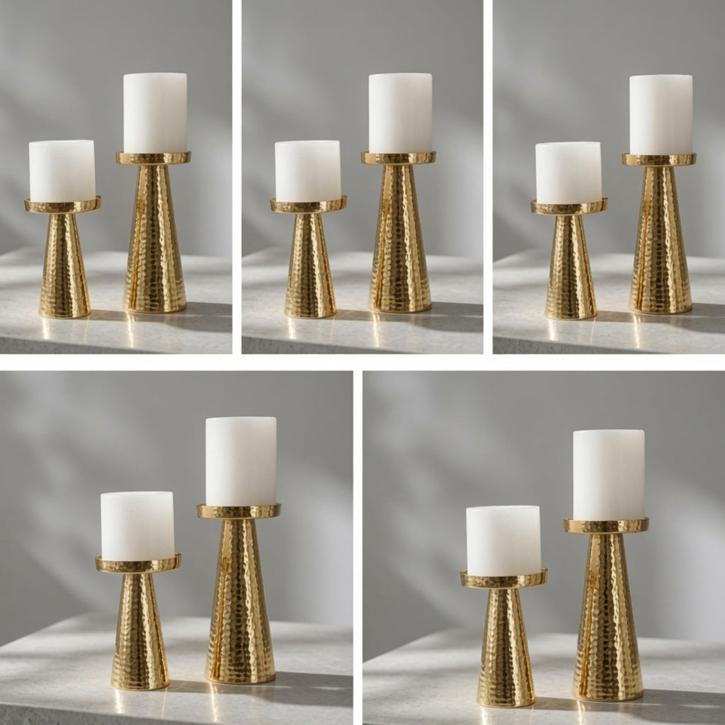 Behoma Handcrafted Hammered Gold Metal Pillar Candle Holders Pack of 5 Sets