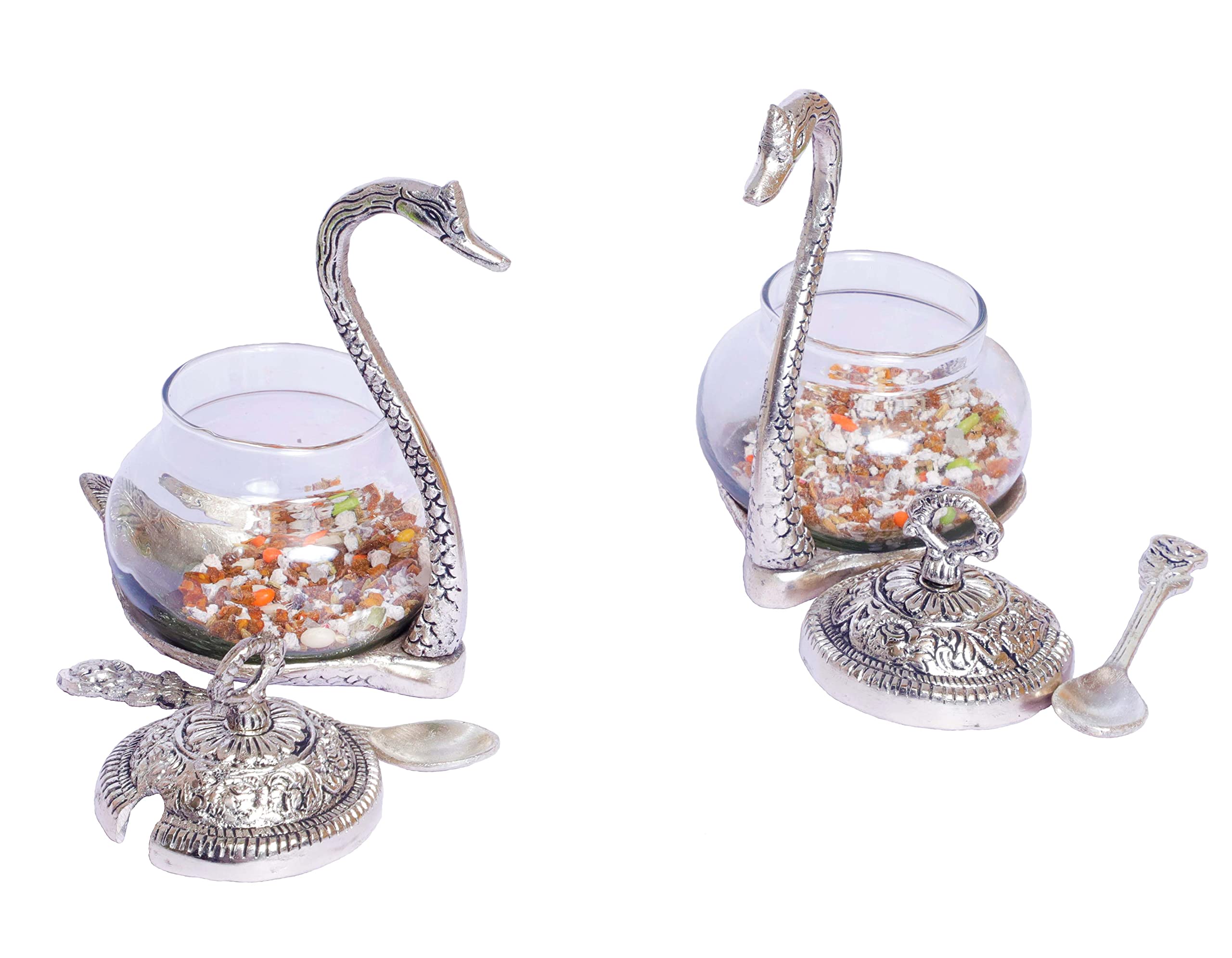KridayKraft Metal Kissing Swan (Duck) Glass Bowl with Spoon for Saunf Supari Tray, Dry Fruit and Candy,Mukhwas Traditional Serving Bowl Set,Pack of 2 Pieces,Animal Showpiece Figurine & Gifting idol...