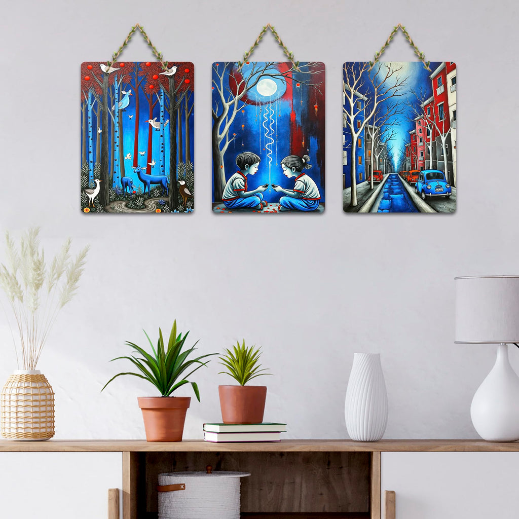 Artvibes Forest Life With Animals & Children Under The Moon Decorative Wall Hanging Ornaments | Printed Wall Decoration | Graphic Artwork | Wall Art Print | Sceneries | Gift Items (WH_9670N), Set of 3