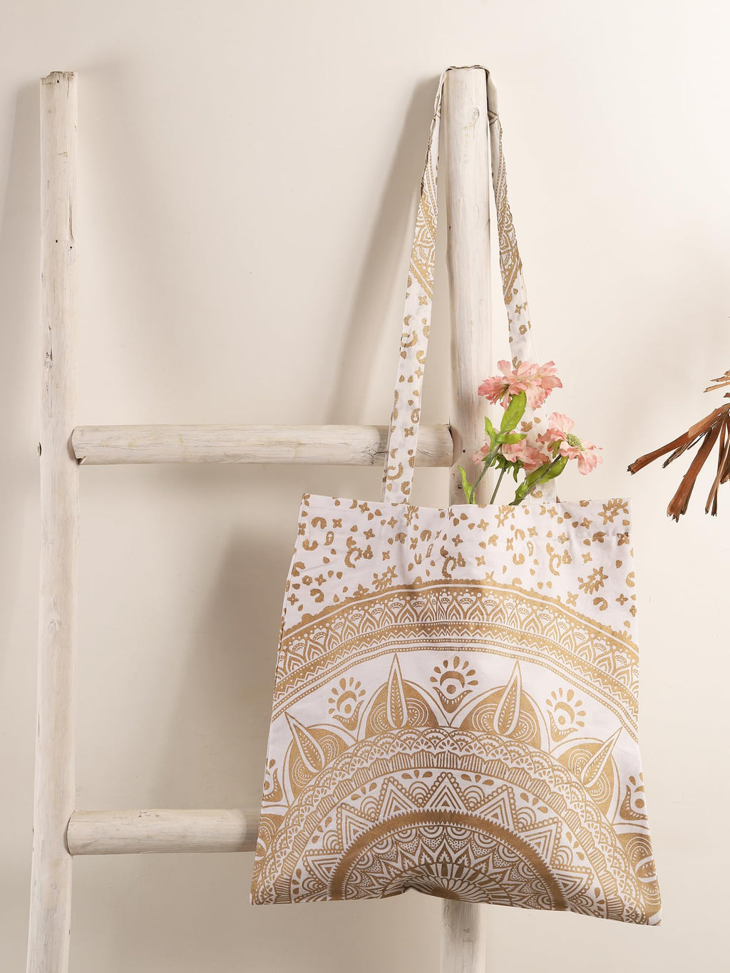 Ravaiyaa - Attitude is everything Cotton Shoulder Bag/Tote Bag For Women| Printed Multipurpose Handbag With Top Zip | Best For Shopping, Travel, Work, Beach, Office, College (White Gold Ombre Mandala)
