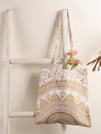 Ravaiyaa - Attitude is everything Cotton Shoulder Bag/Tote Bag For Women| Printed Multipurpose Handbag With Top Zip | Best For Shopping, Travel, Work, Beach, Office, College (White Gold Ombre Mandala)