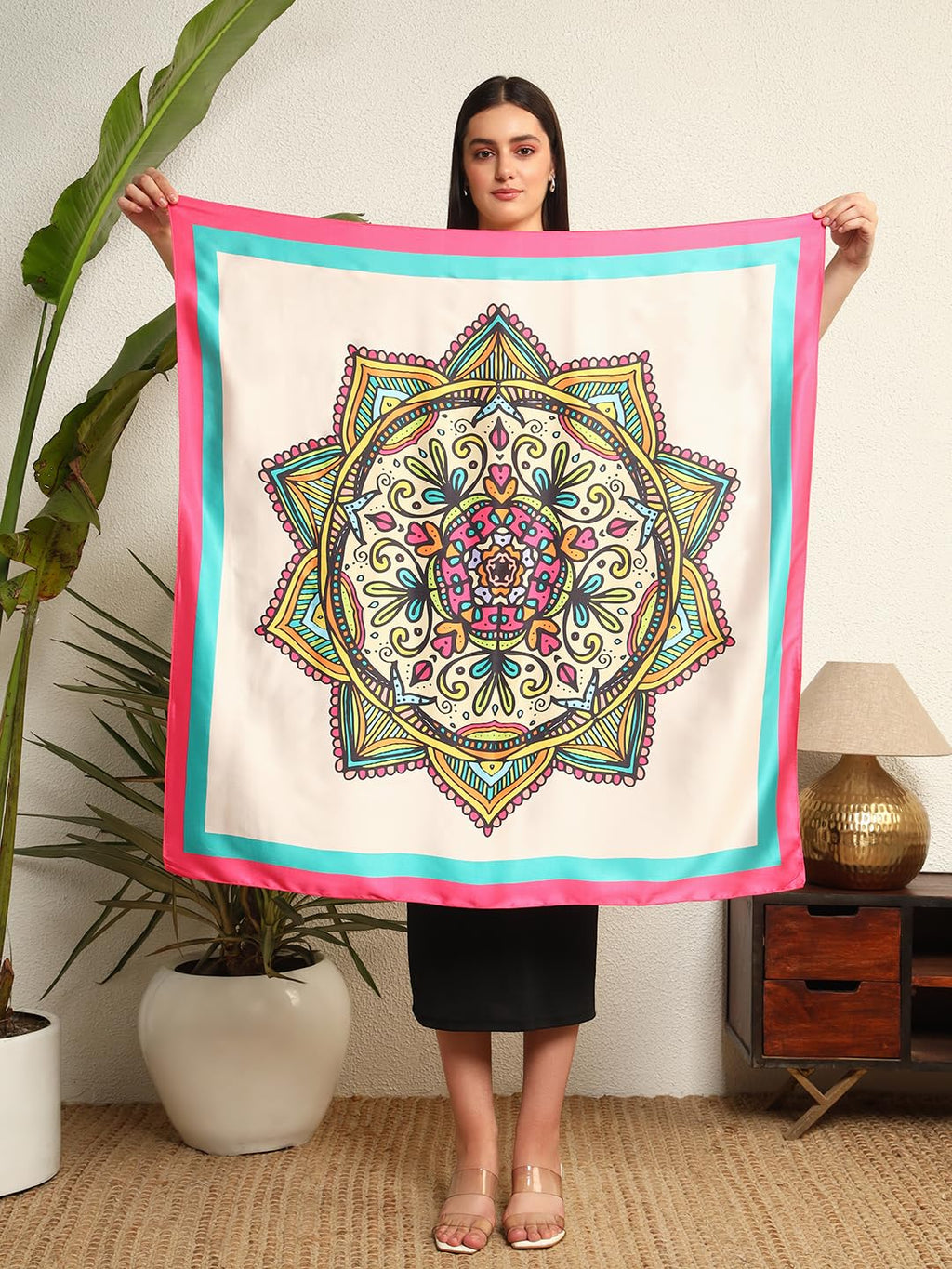 Ravaiyaa - Attitude is everything Women Silk Digital Print Large Square Scarf Breathable Lightweight Neckerchief Printed Headscarf 40 x 40 Inch (Beige & Pink Mandala)