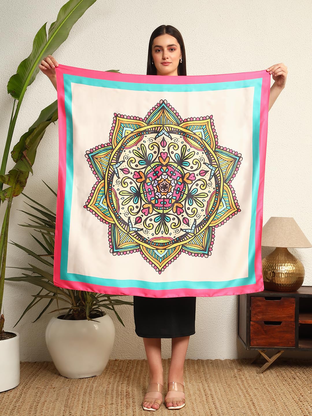Ravaiyaa - Attitude is everything Women Silk Digital Print Large Square Scarf Breathable Lightweight Neckerchief Printed Headscarf 40 x 40 Inch (Beige & Pink Mandala)
