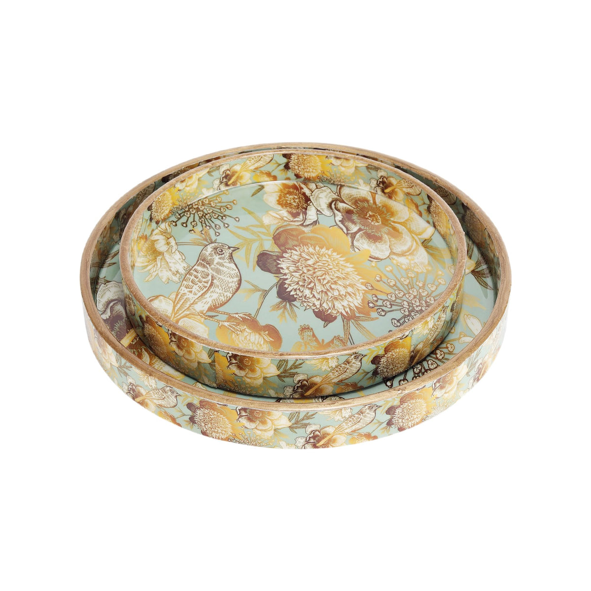 TrayFi MDF Round Wooden Serving Tray | Pack of 2 | Enamel Finished Trays - Size : 9x9, 7x7 Inches | Handcrafted Wooden Tray for Kitchen & Dining (Grey Birds)