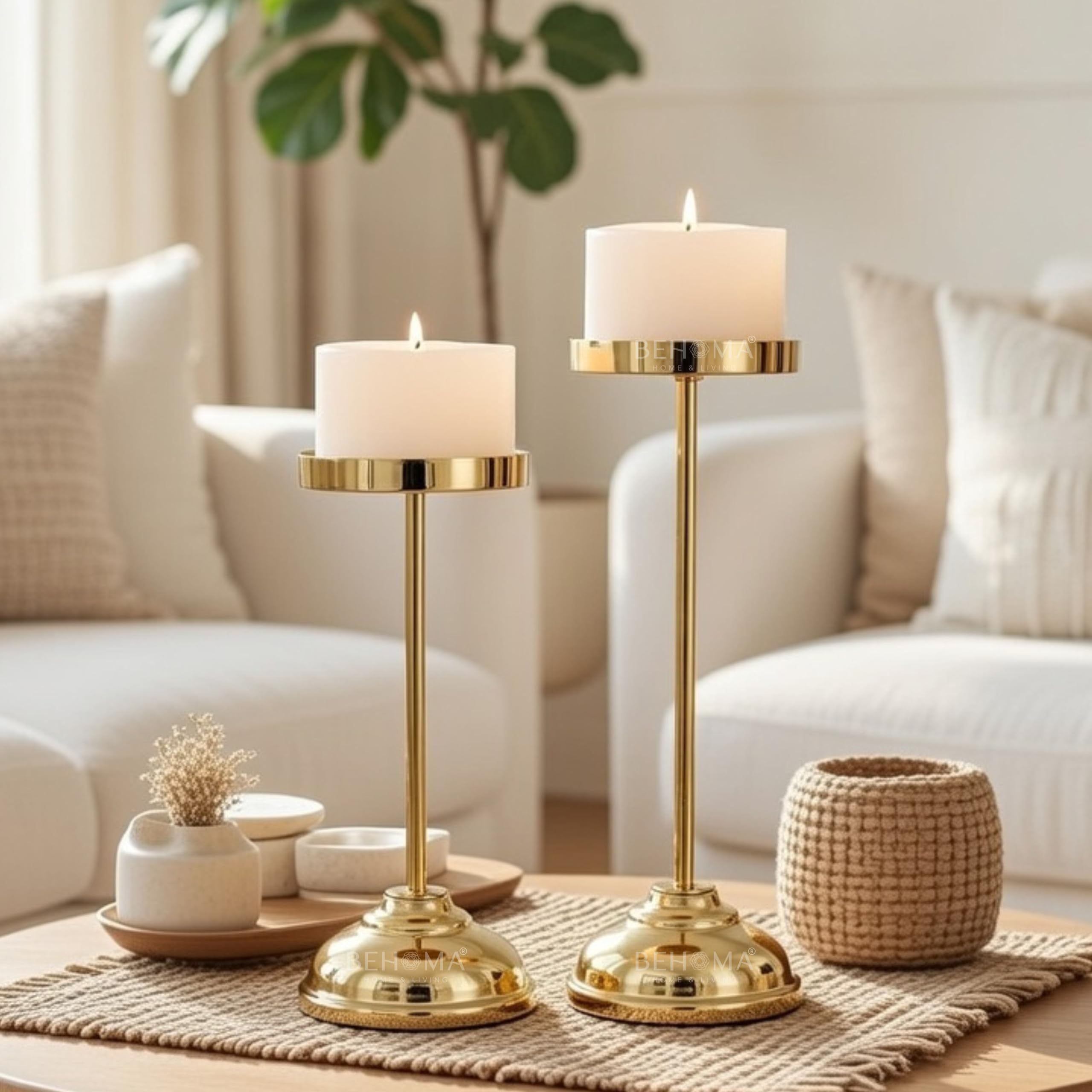 Behoma Handcrafted Large Metal Set of 2 Pillar Candle Holders - Gold