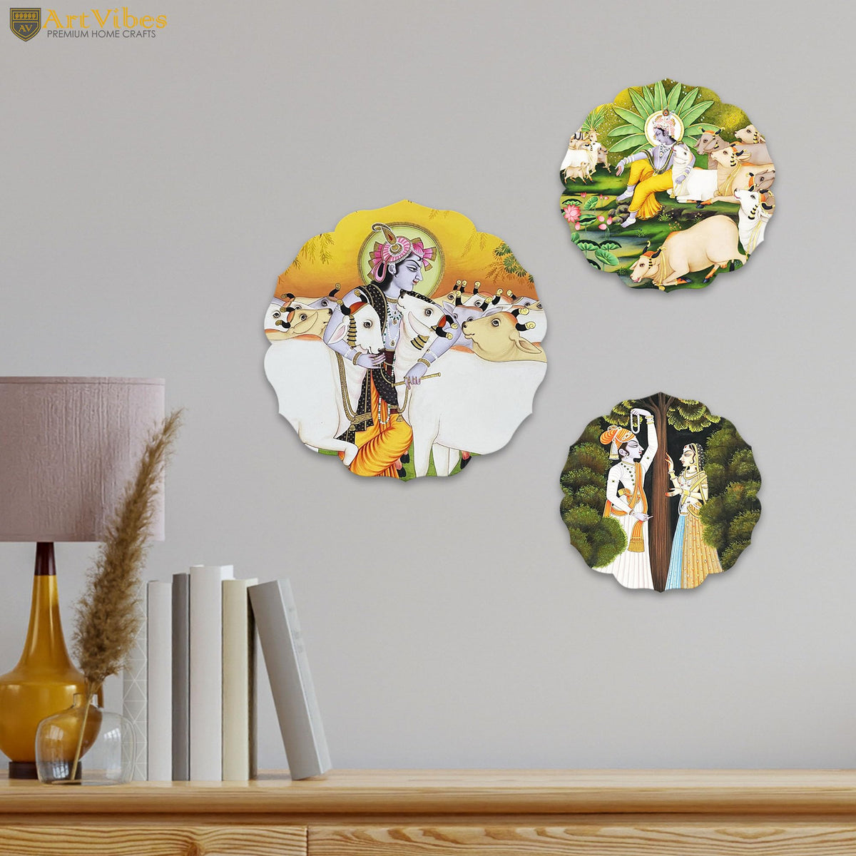Artvibes Shri Krishna with cows Round Shape MDF Wooden Wall Decor Items | Living Room | Handcrafted Art | Wall Poster | Aesthetic Wooden Decor | Art Print | Unique Gift Items (WH_8818N), Set of 3