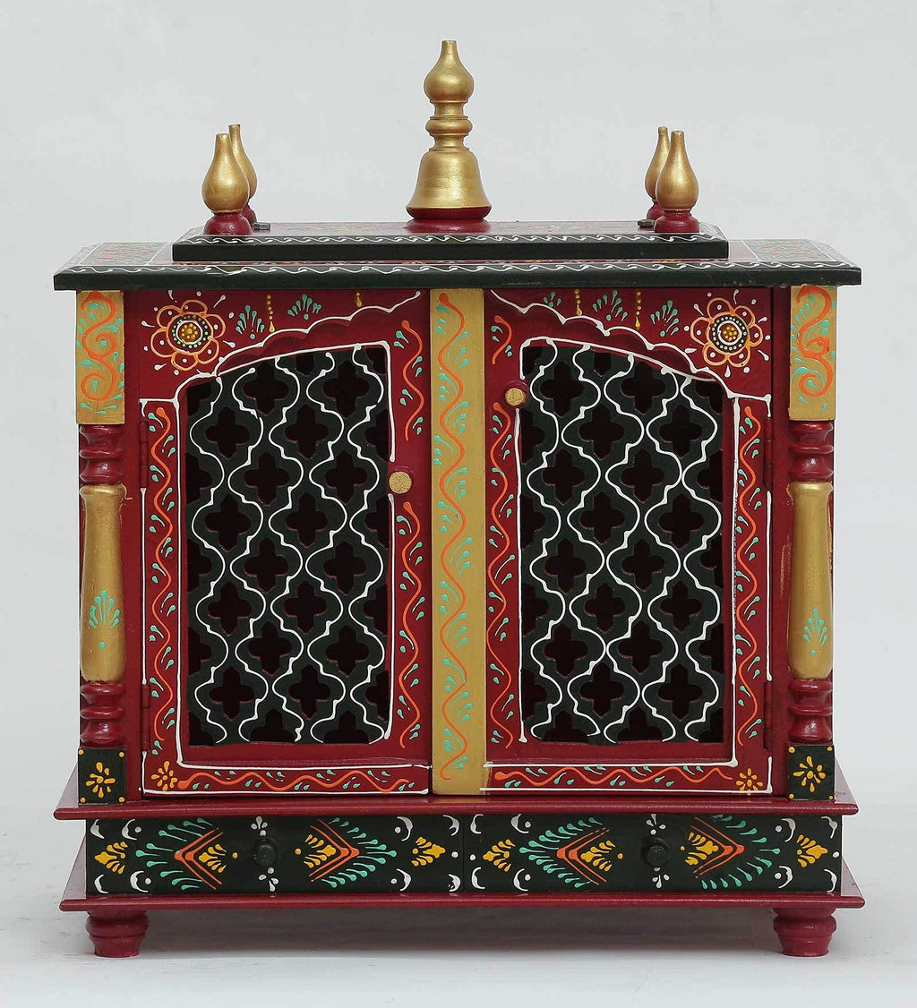 Jodhpur Handicrafts Wooden Temple Pooja Ghar Wood Handcrafted Hindu Mandir Pooja Ghar Mandapam Worship Wall Hanging Wall D?cor Art MDF Temple Size (LXBXH) (18X9X22) INCH (RED)