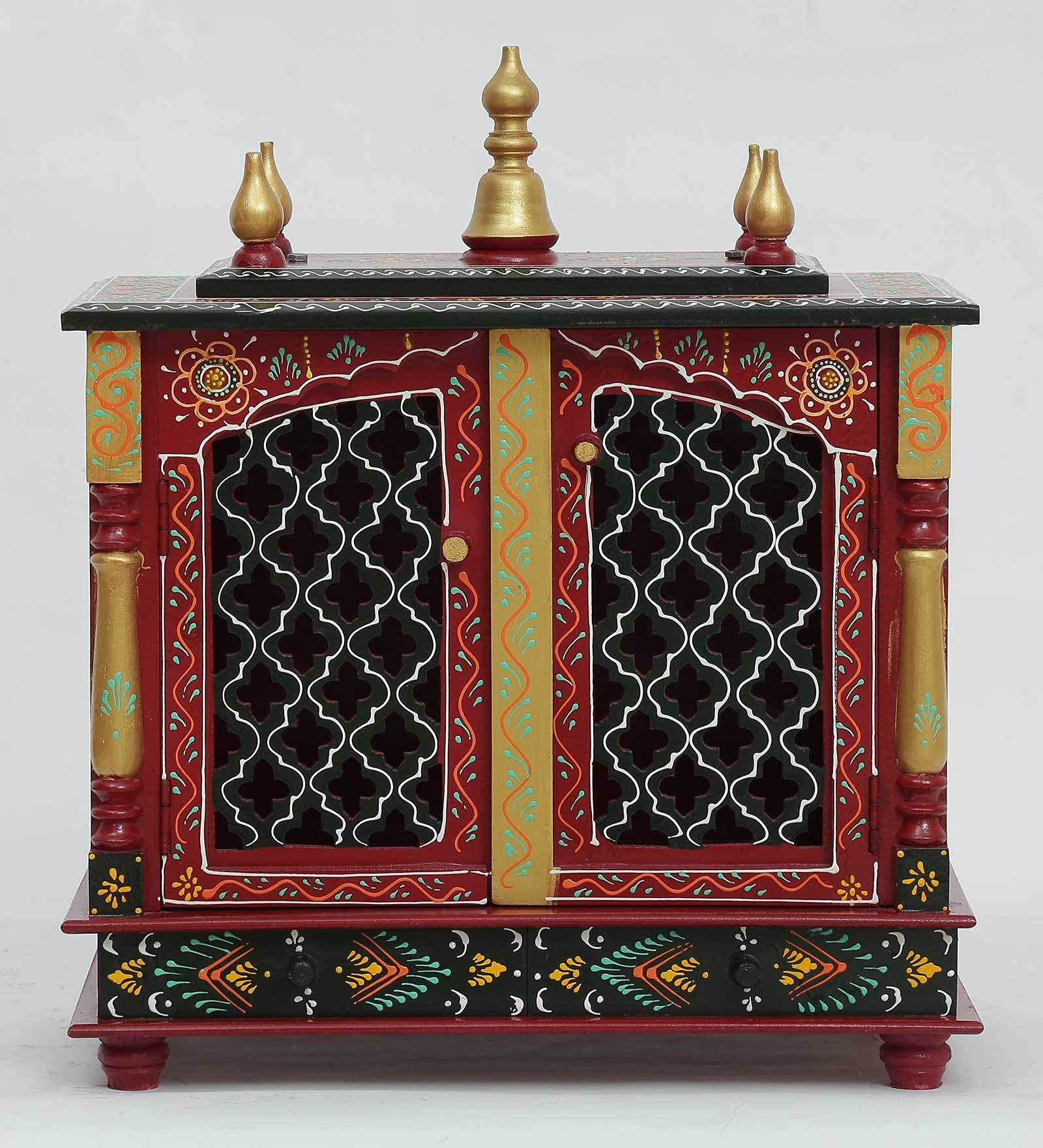 Jodhpur Handicrafts Wooden Temple Pooja Ghar Wood Handcrafted Hindu Mandir Pooja Ghar Mandapam Worship Wall Hanging Wall D?cor Art MDF Temple Size (LXBXH) (18X9X22) INCH (RED)