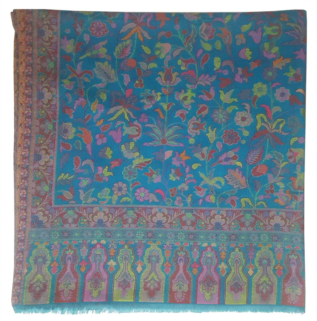 Mehrunnisa Jamawar Kani 100% Pure Wool Shawl Wrap From Kashmir (Turquoise)