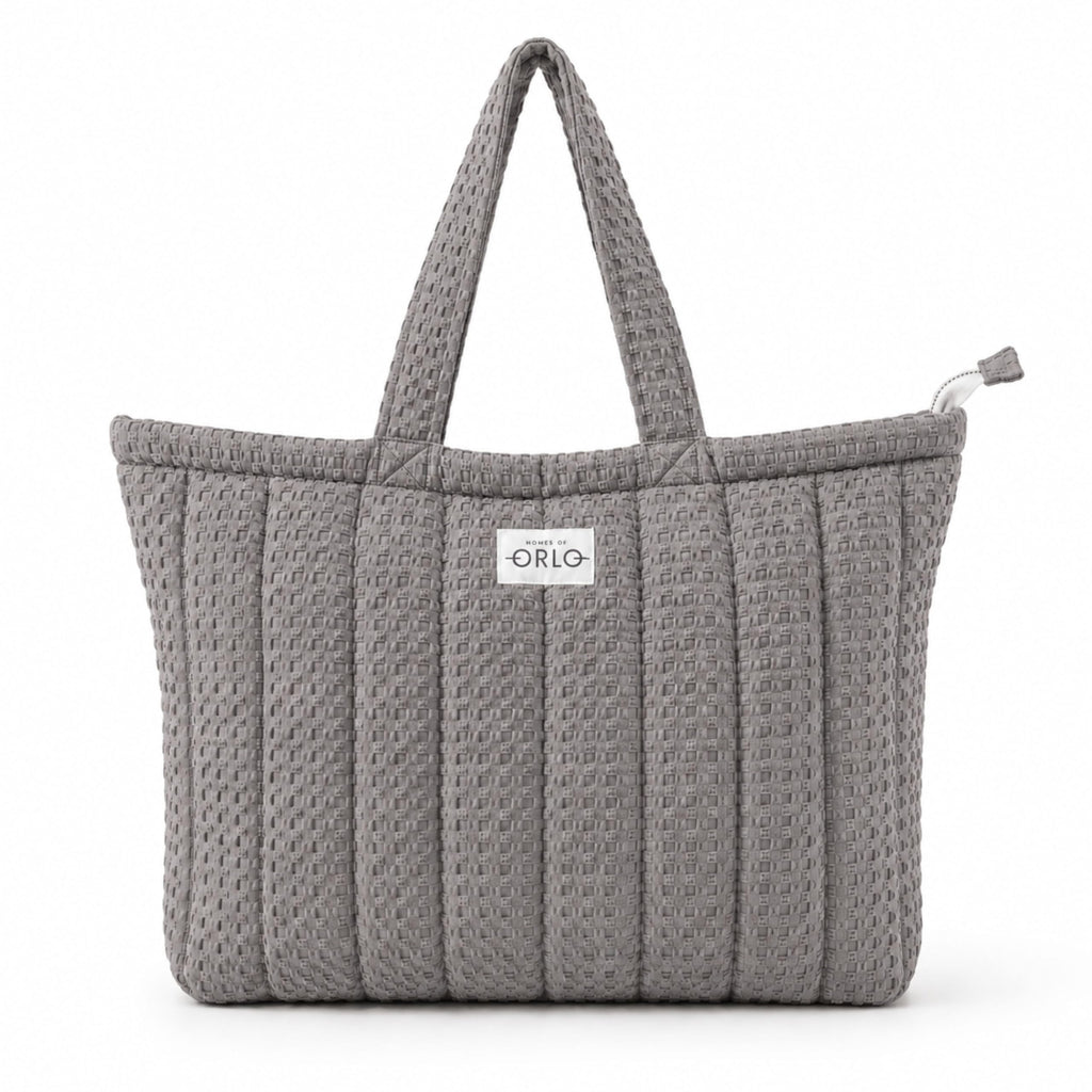 HOUSE OF ORLO Women's Cotton Quilted Aesthetic Tote Bags, Waffle Weave Handmade with Zipper and Double Handles for Women and Girls, Daily Use Handbags for College, Travel, Work (Grey)