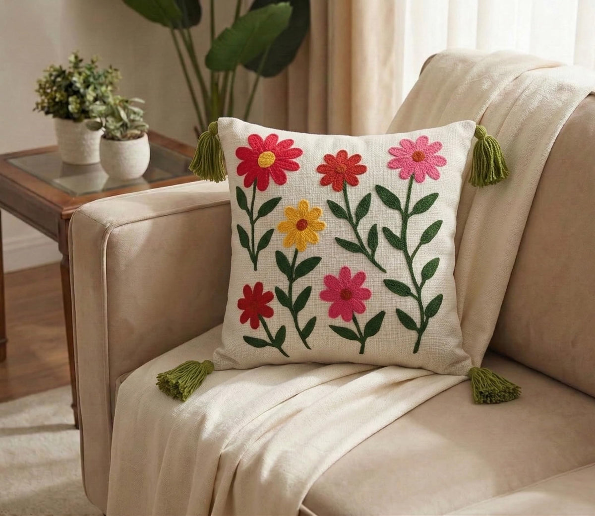 Furnistitchs Handmade Tufted Boho Cushion Covers 12x12 Inches | Embroidered Sofa Pillow Cases | Rustic Bohemian Decorative Throw Cushions for Couch Bedroom Living Room (2, Balloon Floral)