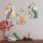 Artvibes Artistic Peacock & Vibrant Flowers Decorative Wall Art MDF Wooden Wall Hanger for Home | Festive Decor Art | Wall Sculpture | Scenery | Wall Illustrations | Gift Items (WH_96185N), Set of 3