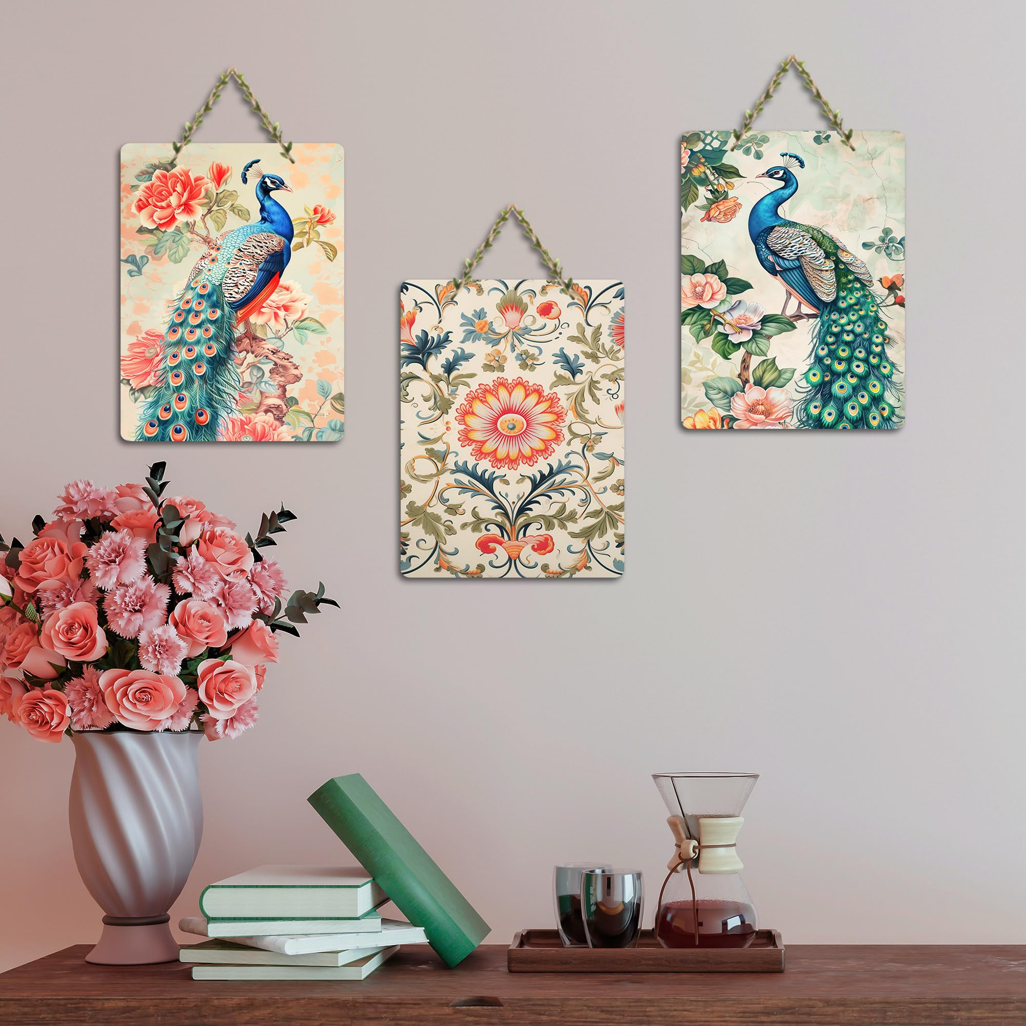 Artvibes Artistic Peacock & Vibrant Flowers Decorative Wall Art MDF Wooden Wall Hanger for Home | Festive Decor Art | Wall Sculpture | Scenery | Wall Illustrations | Gift Items (WH_96185N), Set of 3