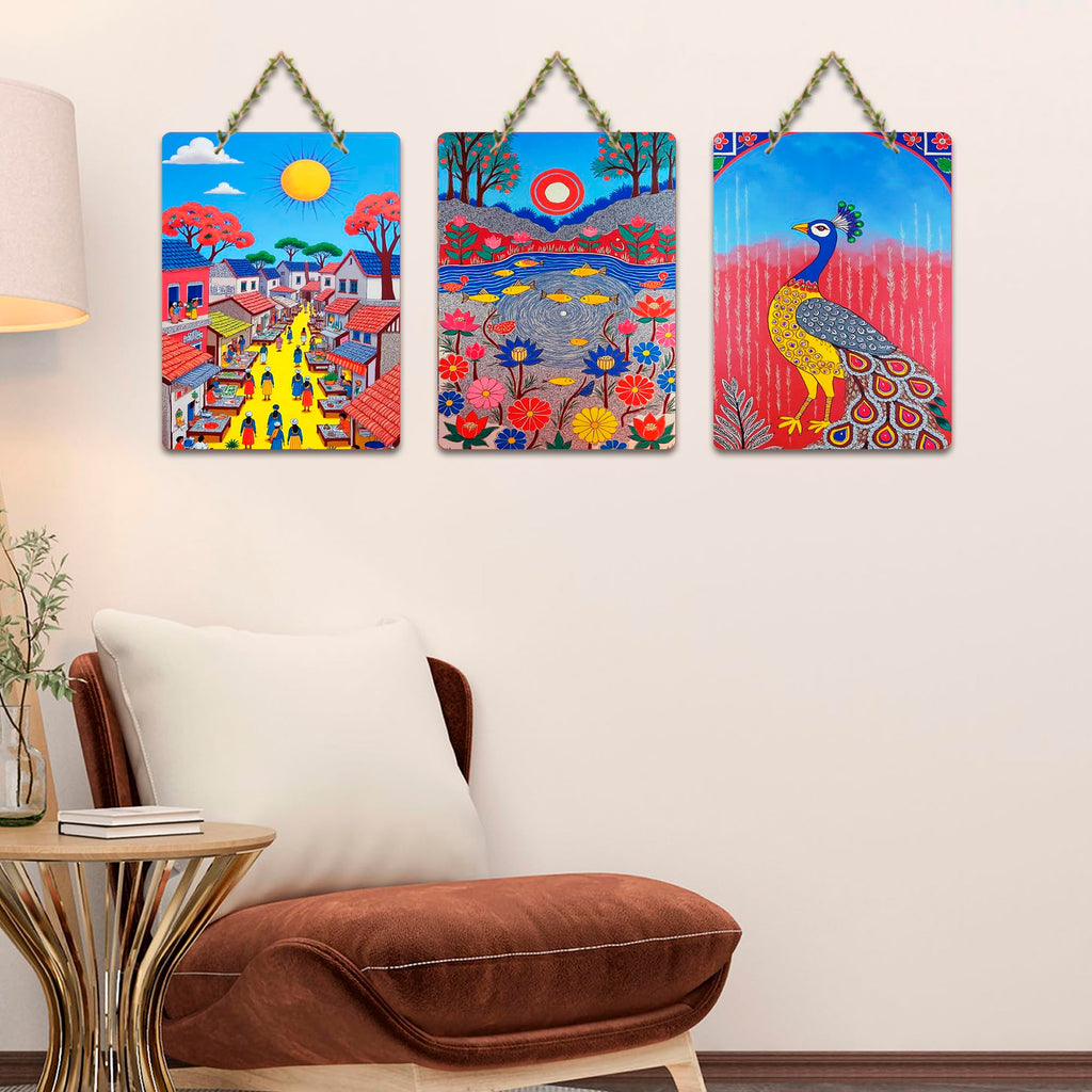 Artvibes Traditional Indian Wall Decor Decorative MDF Wooden Wall Art for Home | Wall Sculpture | Signs & Plaques | Festive Decor | Graphic Artwork | Wall Poster | Gift Items (WH_9610N), Set of 3