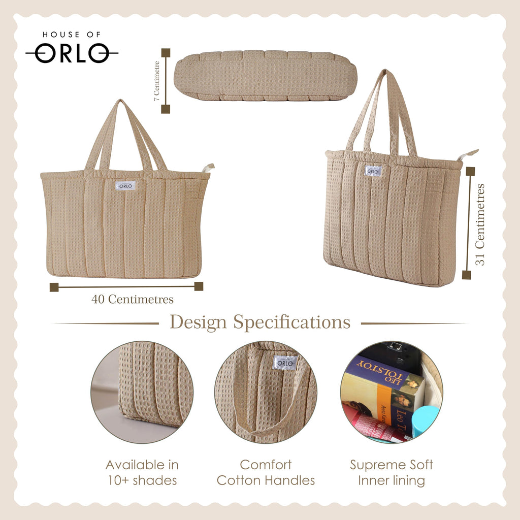 HOUSE OF ORLO Women's Cotton Quilted Aesthetic Western Tote Bags, Waffle Weave Handmade With Zipper & Double Handles For Women & Girls, Daily Use Handbag For College/Travel/Work (Earth-Brown)