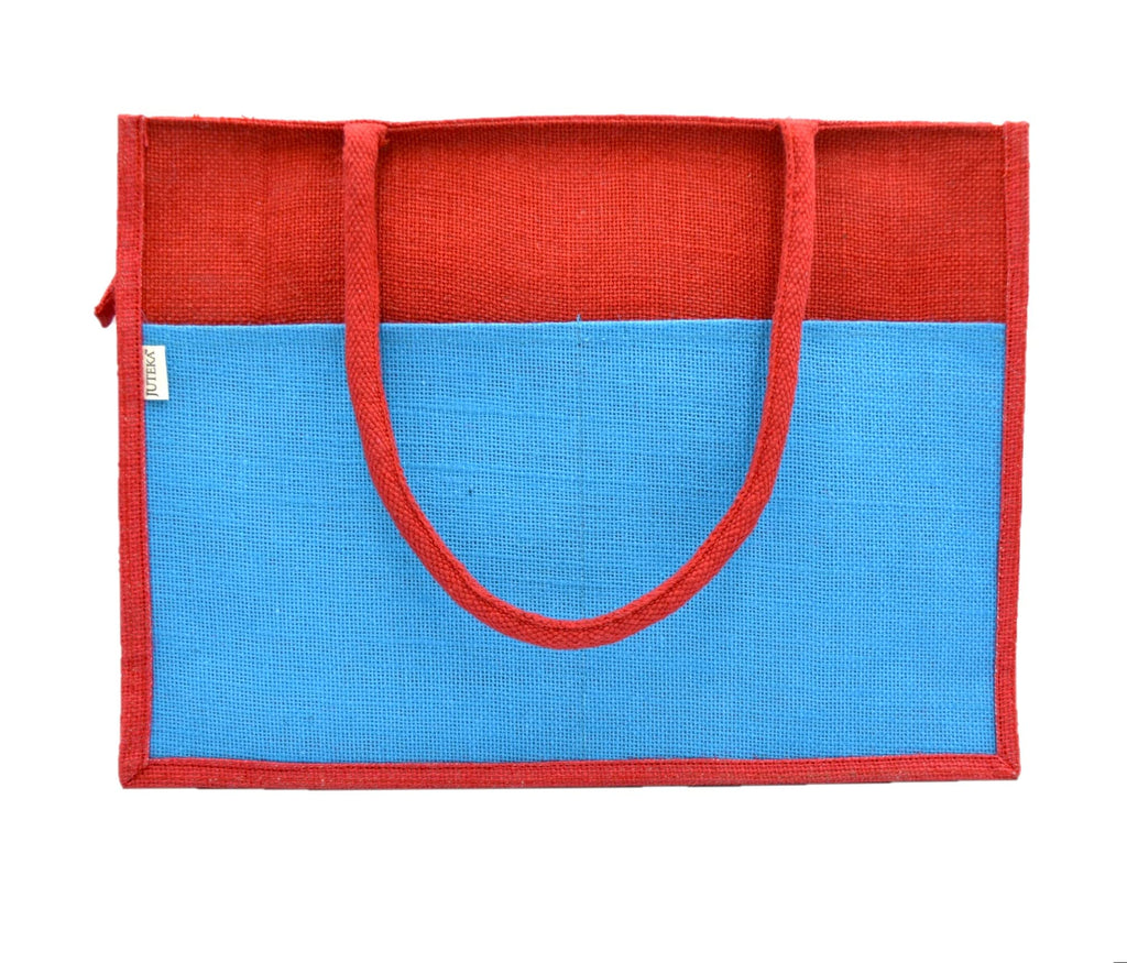 JUTEKA Multicolor spacious Jute Bag with Zipper Closure, Full Size Front Pocket and Large Handles…