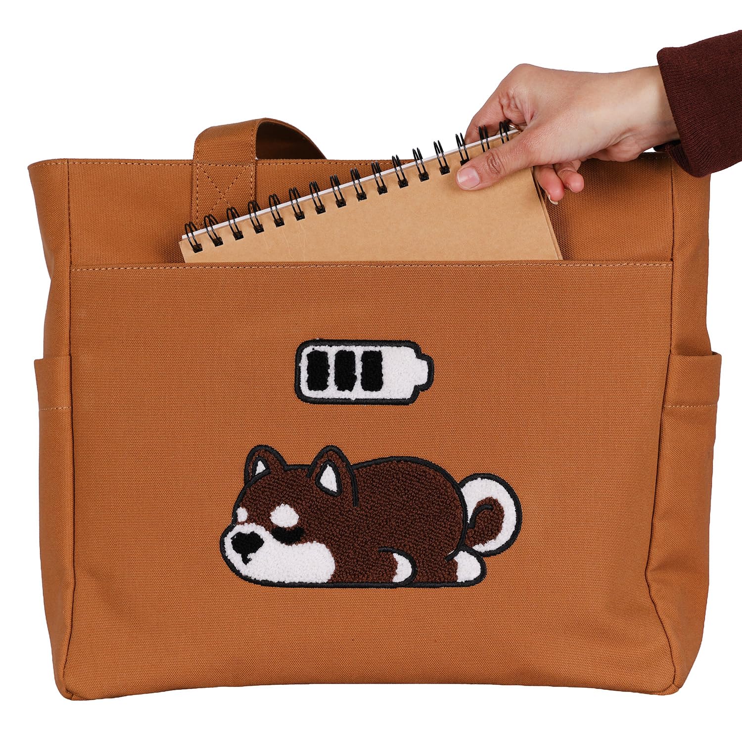 TSANTA U Shaped Canvas Tote Bag, 35.56x33.02 cm with 10.8 cm Gusset, Cotton, Zipper Closure, Laptop Compartment (Low Battery)