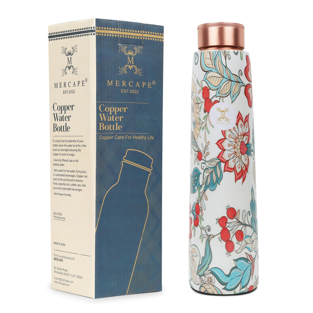 MERCAPE® Pure Copper Water Bottle 950 ml with Leak Proof Lid | Printed Floral Design Copper Bottle for Home, Office, Gym & Yoga | BPA Free Reusable Ayurvedic Water Bottle for Daily Use