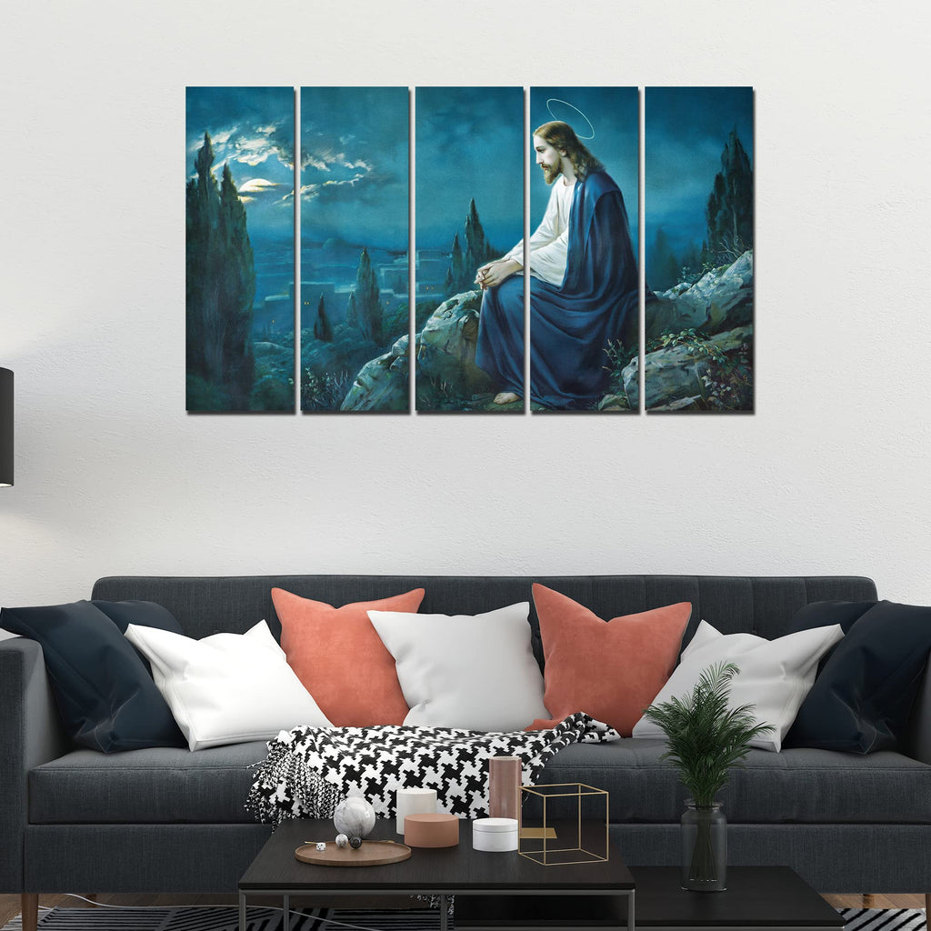 VIBECRAFTS Jesus In Forest 5 Pieces Canvas Wall Painting For Home | Office | Living Room | Gift (PTVC5Pcs4_8512)