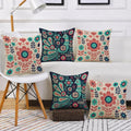 STITCHNEST Folk Art Satin Cushion Covers Peacock & Botanical Motif, 16x16 Inches, Decorative Set for Living Room (Pack of 5)