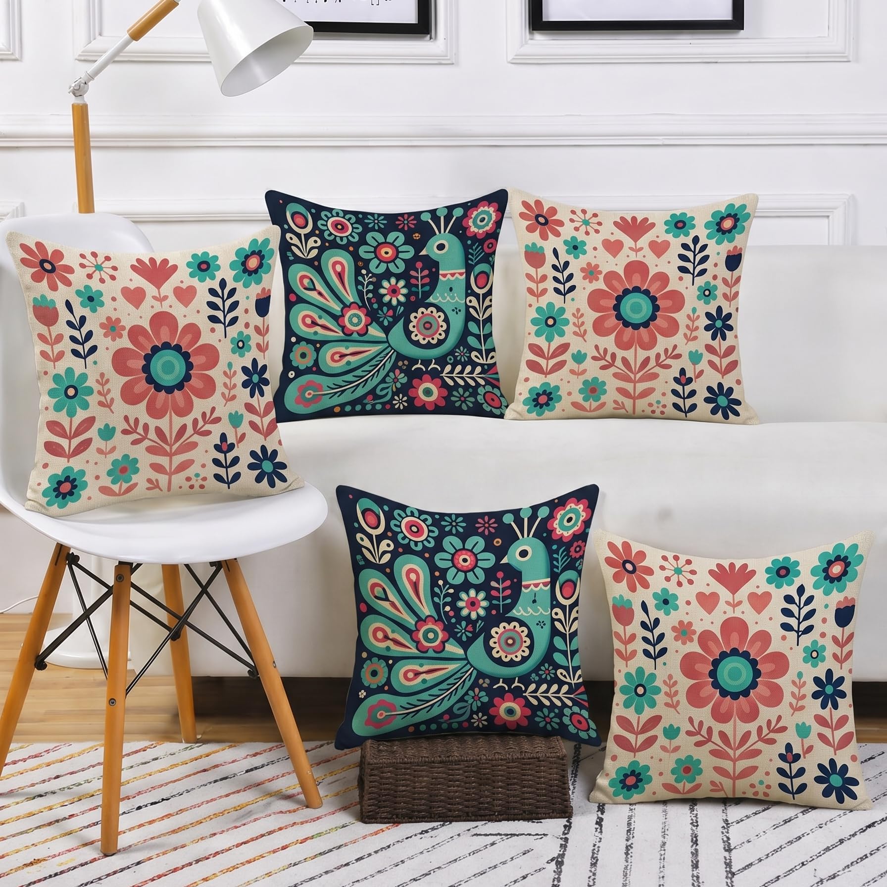 STITCHNEST Folk Art Satin Cushion Covers Peacock & Botanical Motif, 16x16 Inches, Decorative Set for Living Room (Pack of 5)