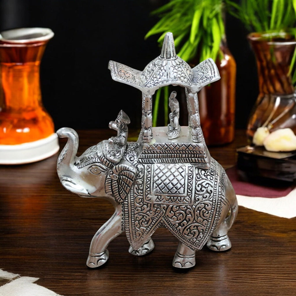 KridayKraft Handcrafted Metal Elepant Kondapalli Maharaj Ambari Rajasthani Rajwadi Elephant Showpiece Statue, 24 Cm Height, 900 Gm Weight, Intricate Carvings, Silver