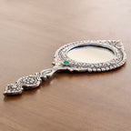 KridayKraft Beautifully Carved Round Shape Silver Plating Hand Mirror for Makeup, Travelling, Salon Mirror & Decorative Mirror Antique Item for Wedding Gifts.