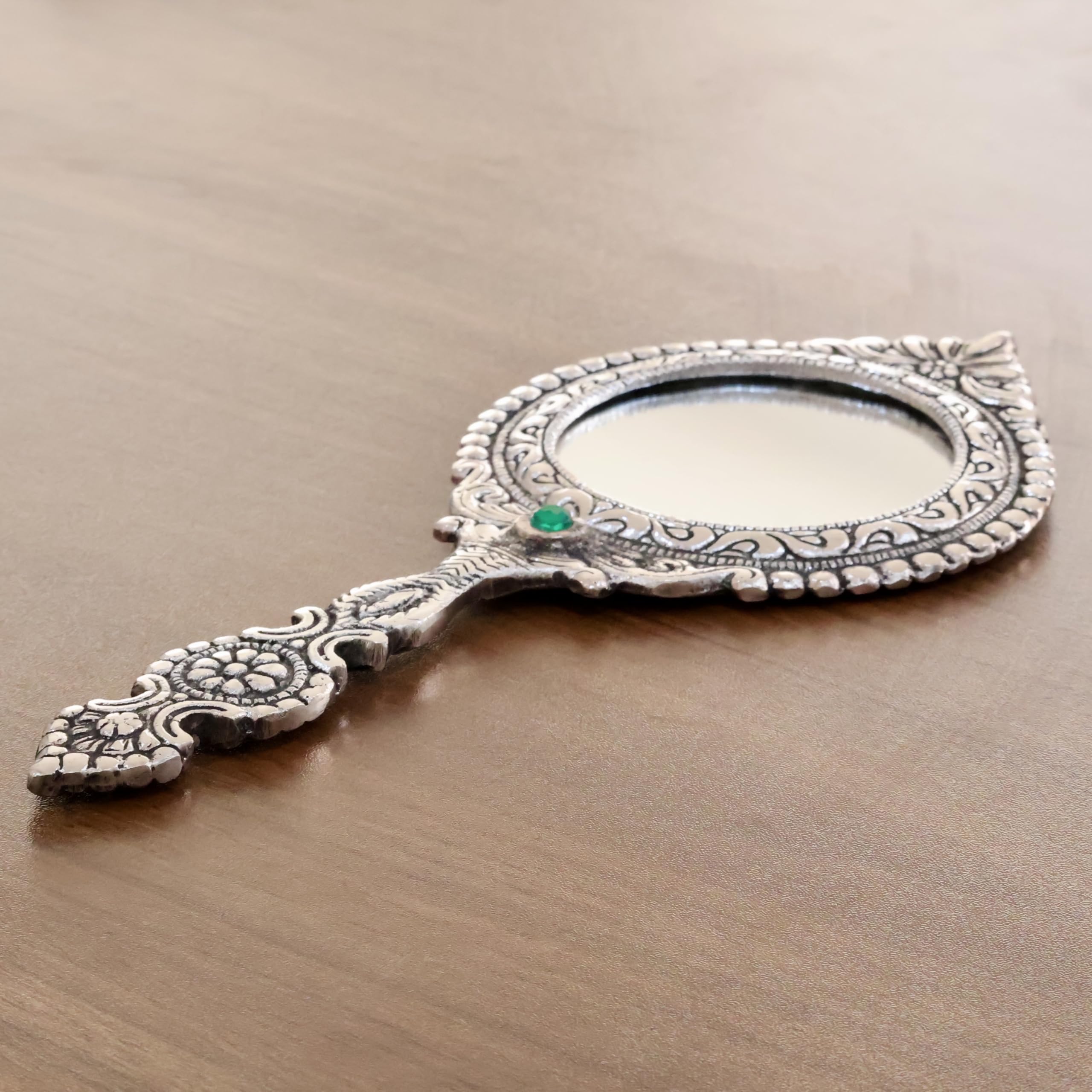 KridayKraft Beautifully Carved Round Shape Silver Plating Hand Mirror for Makeup, Travelling, Salon Mirror & Decorative Mirror Antique Item for Wedding Gifts.