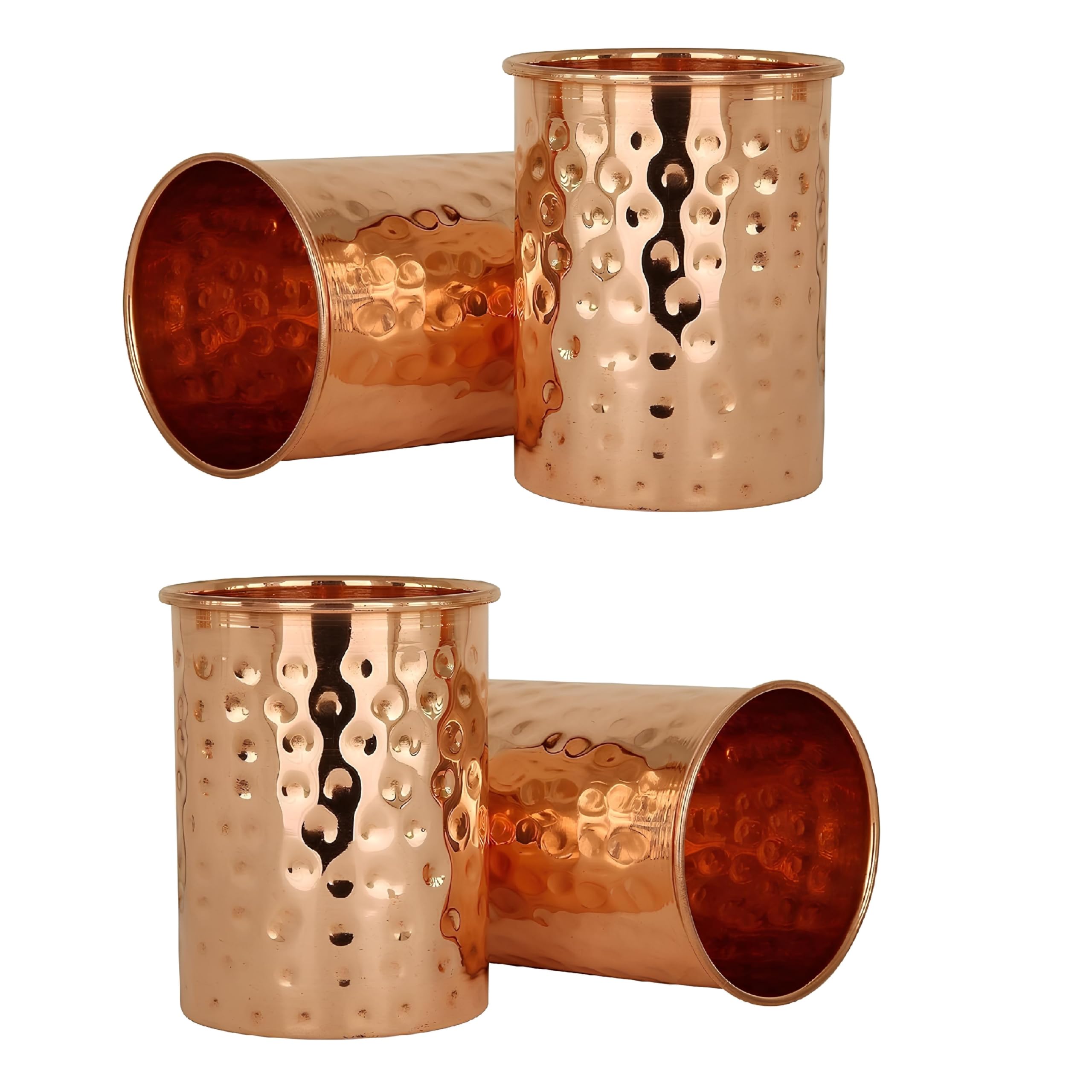 Adoko 100% Pure Copper Hammered Tumbler 300ml | Ayurvedic Drinking Glass for Water | Traditional Handcrafted Copper Utensil – 4Pcs Set