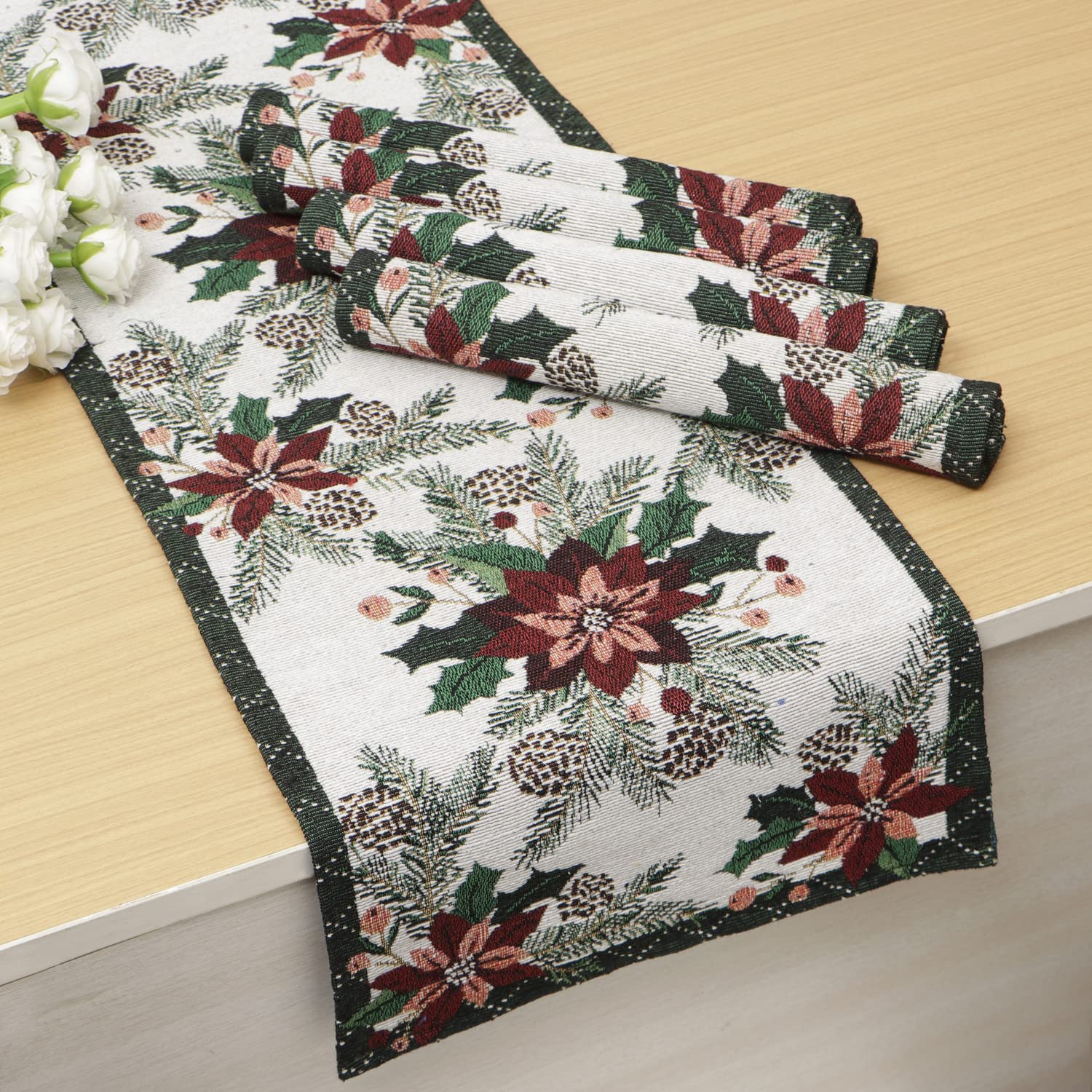 HOKIPO Cotton Jacquard 4 Placemats with Runner for Dining Table 4 Seater (IN530-D1*4+IN531) White Floral Kafalo