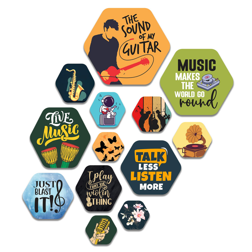 Artvibes Music Quotes Hexagon Shape MDF Wooden Wall Decor Items for Living Room | Cafe | Quotes Decor Item | Wall Accent | Modern Artwork | Aesthetic Wall Hanging | Gift Items (WPS_229N), Set of 13