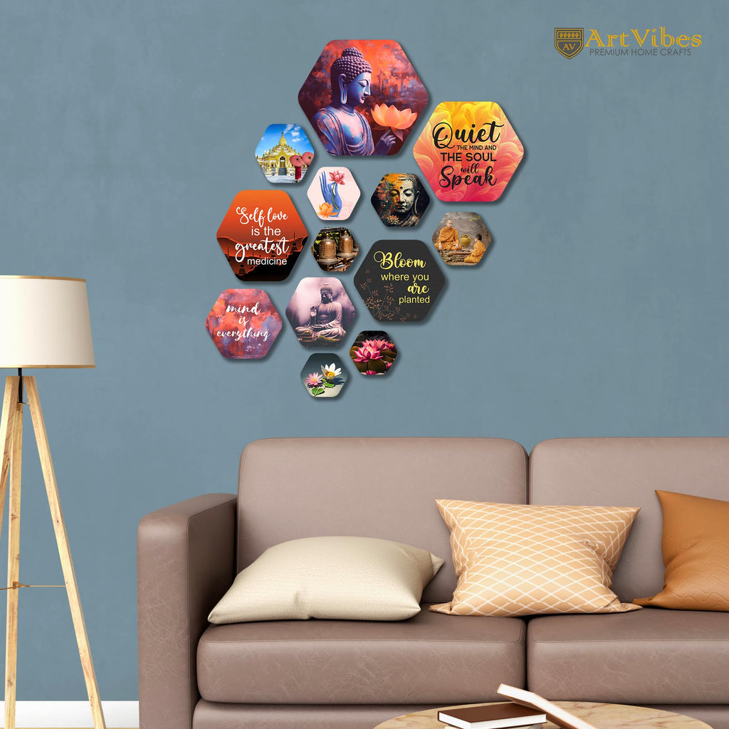 Artvibes Quiet The Mind And The Soul Will Speak Hexagon Shape MDF Wooden Wall Decor Items | Art For Wall | Wall Sculpture | Signs & Plaques | Aesthetic Wooden Decor | Gift Items (WPS_203N), Set of 13
