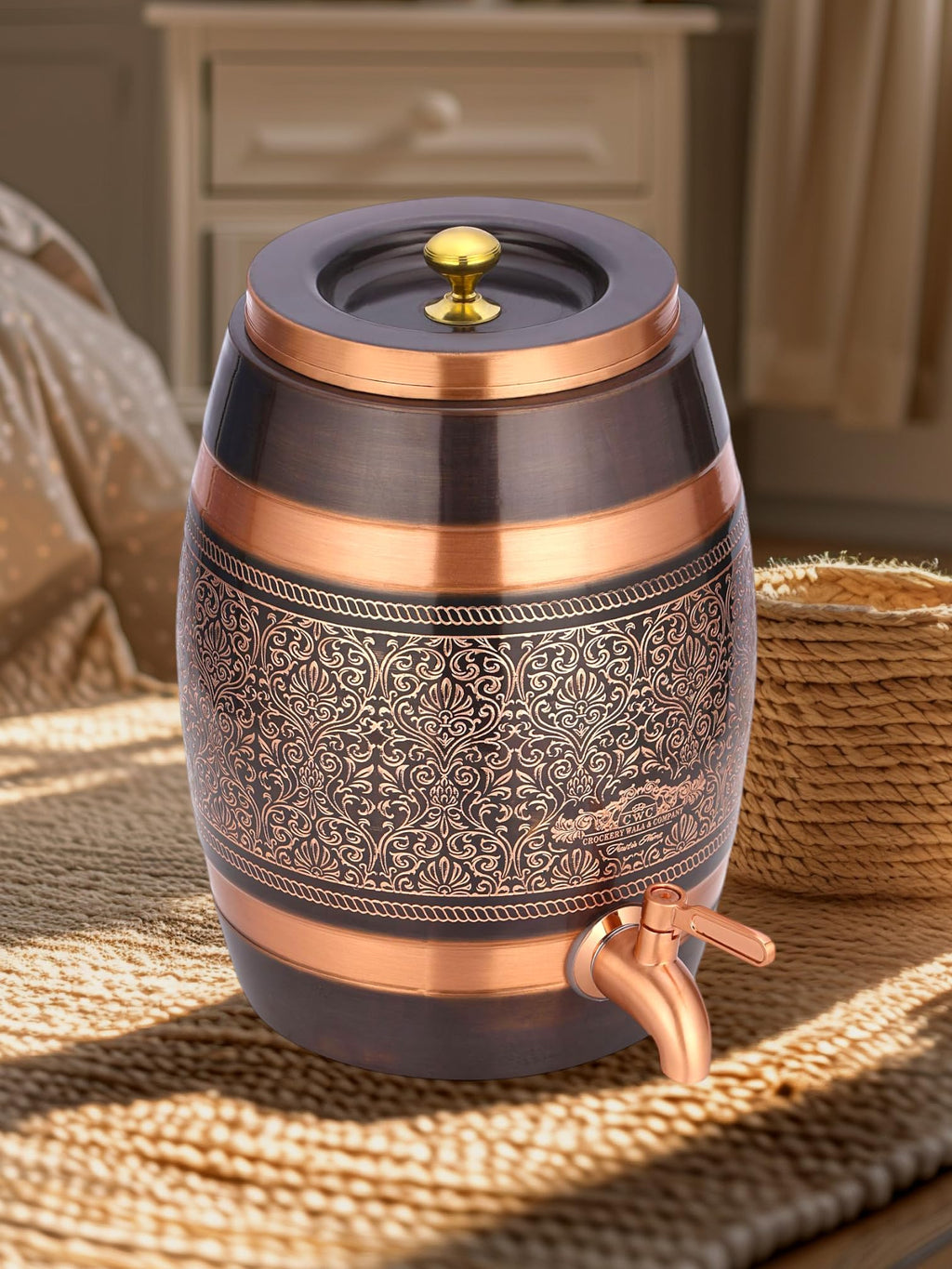 cWc Pure Copper Water Dispenser 8 Litre | Handcrafted Antique Engraved Copper Barrel | Ayurvedic Water Storage Pot | Traditional Copper Water Tank for Home, Kitchen & Office