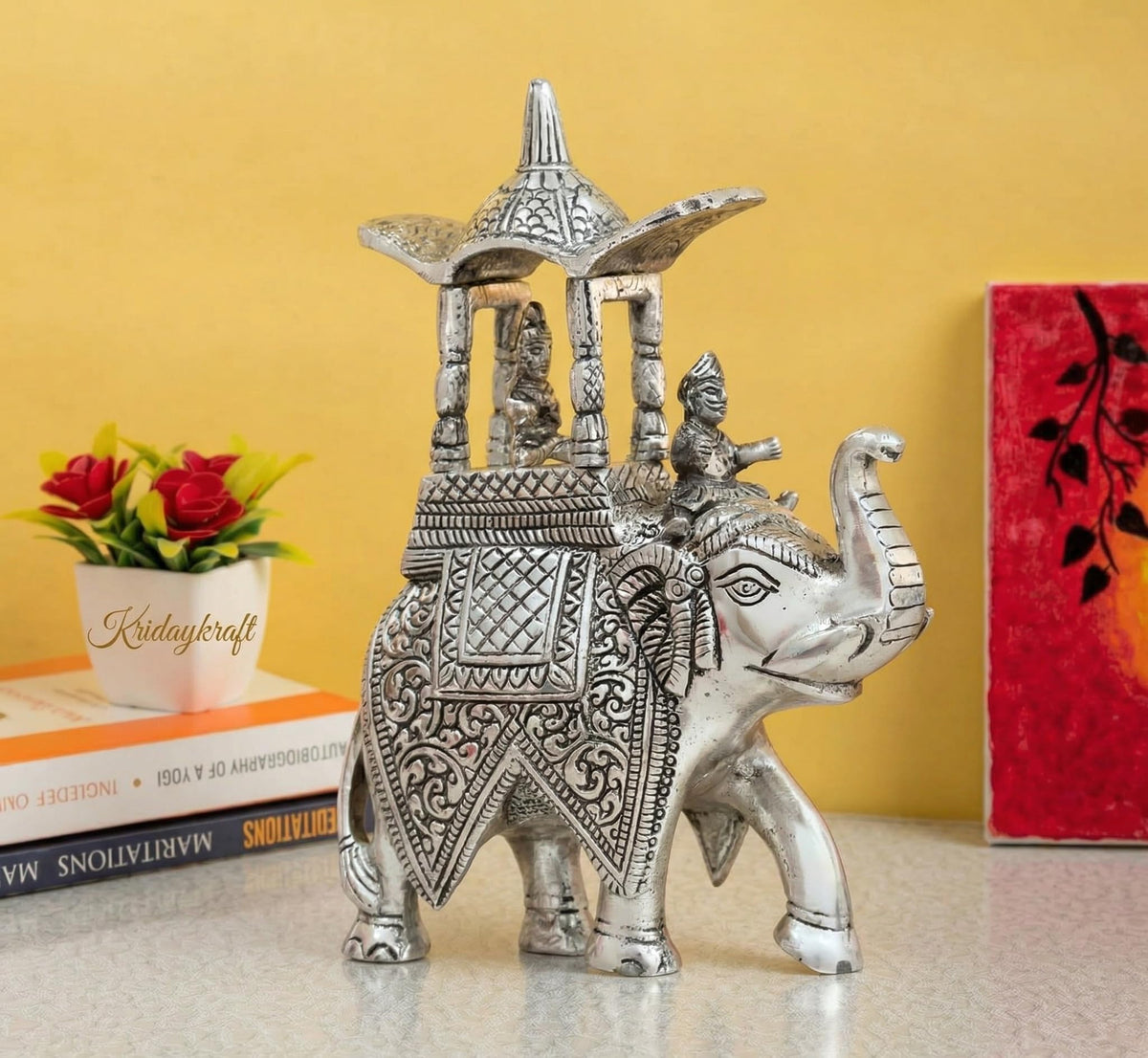 KridayKraft Handcrafted Metal Elepant Kondapalli Maharaj Ambari Rajasthani Rajwadi Elephant Showpiece Statue, 24 Cm Height, 900 Gm Weight, Intricate Carvings, Silver