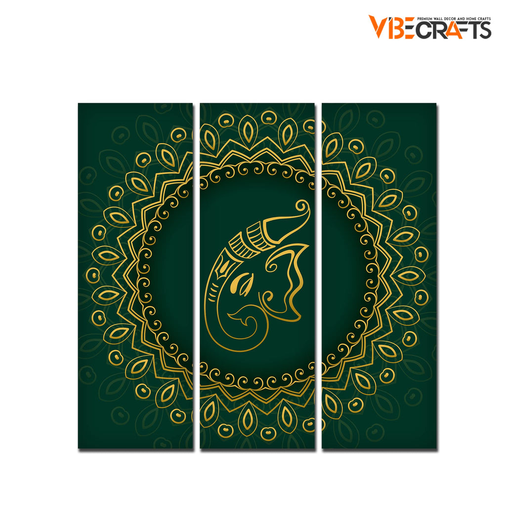 VIBECRAFTS Beautiful Ganesha Head 3 Pieces Canvas Wall Painting Fitted With Wooden Frame For Home | Office | Living Room | Gifts (PTVC3Pcs1_9557)