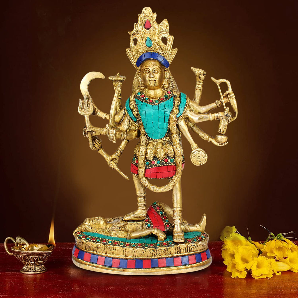 ARTVARKO Brass Multicolor Kali Maa Murti Goddess Maha Kali Ten Mahakali Kalika Maa Statue Sculpture Idol Puja Murti Decor 11 Inches